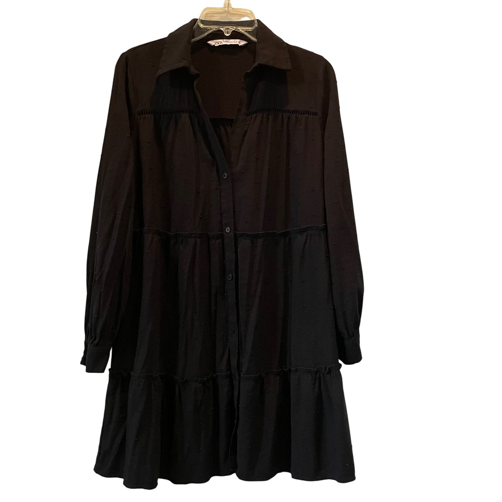 ZARA Black‎ Textured Button Down Tiered Shirt Dress Mini Size Small